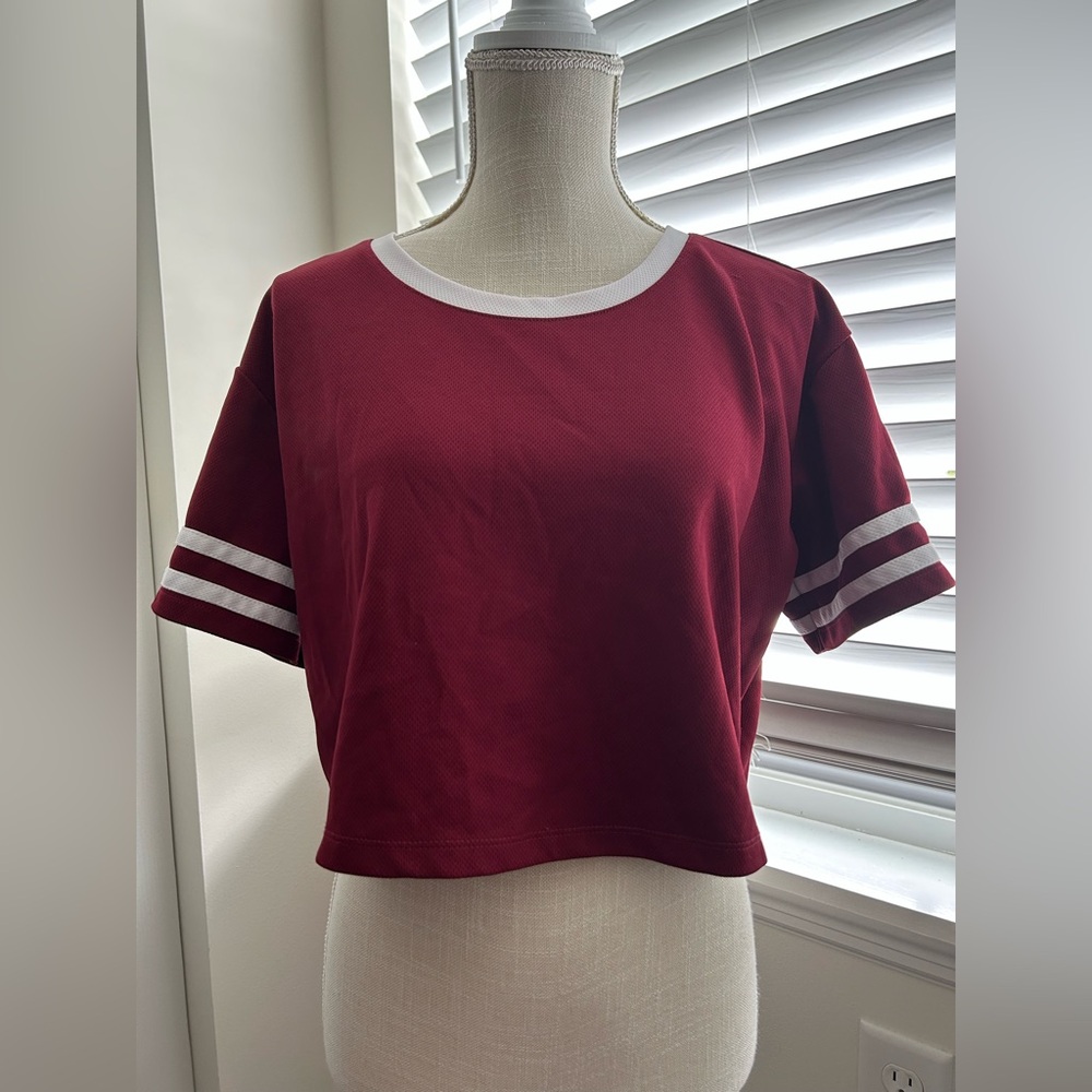 Forever 21 Burgundy Scoop Neck Striped Short Sleeve Varsity Athletic Tee